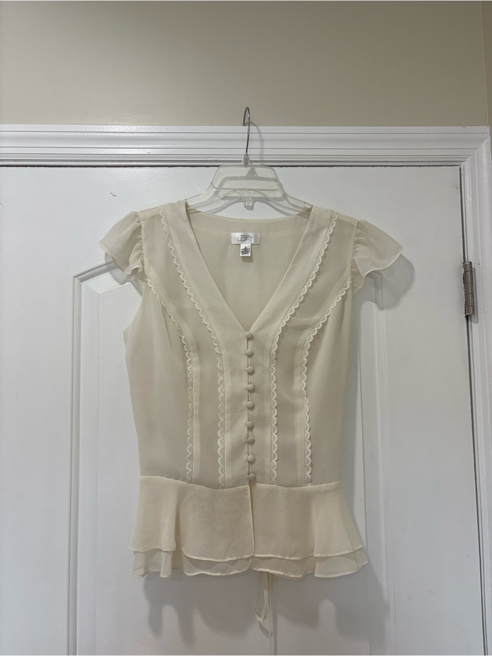 LOFT Cream Button-Front Ruffle Peplum Blouse